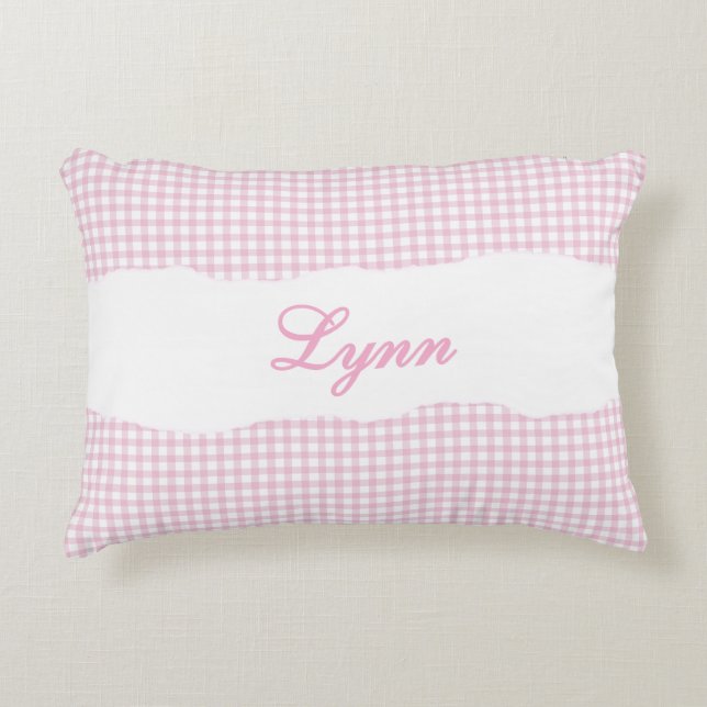 Rustikale rosa Gingham-Personalisierung Dekokissen (Vorderseite)