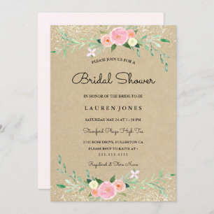 Rustikale rosa Glitzer Blumenkarte Brautparty Einladung
