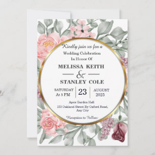 Rustikale Rosa & Gold Rahmen Blumengrün Hochzeit Einladung