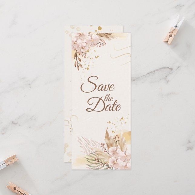 Rustikale Rosa & Goldene Blumen Boho Save-the-Date Einladung (Vorderseite/Rückseite Beispiel)