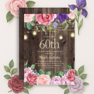 Rustikale rosa lila Blumen-Lichterkette 60. Einladung