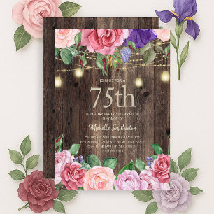Rustikale rosa lila Blumen-Lichterkette 75. Einladung