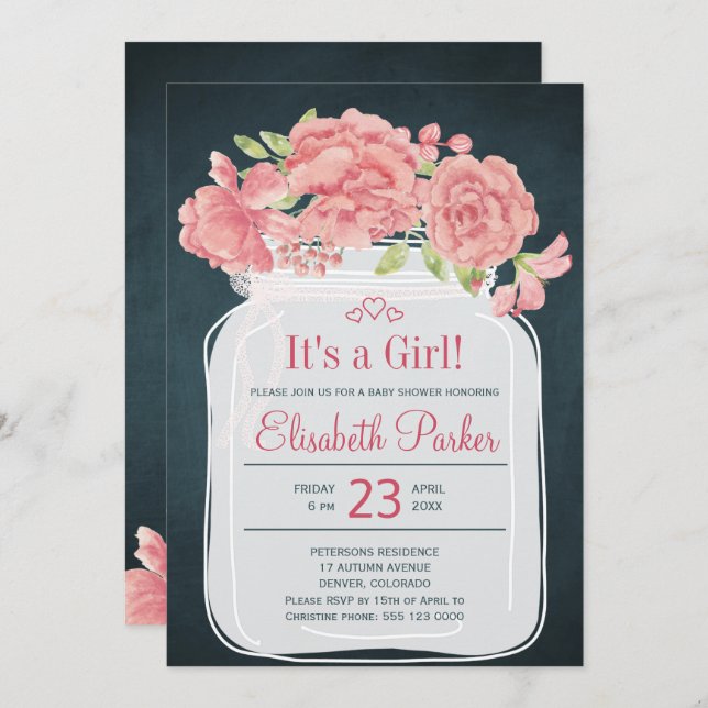 Rustikale Rosa-Peelingmason Jar Marinemädchen Baby Einladung (Vorne/Hinten)
