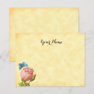 Rustikale rosa Rose und blaue Motte, bearbeitbar,  Mitteilungskarte