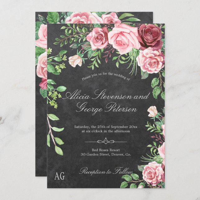 Rustikale rosa Roses Monogram Chalkboard Wedding Einladung (Vorne/Hinten)