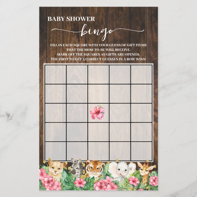 Rustikale rosa Safari-Tiere Dusch-Bingo-Spielkarte Flyer (Vorne)