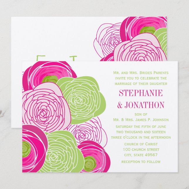 Rustikale Rosa- und Grüne Rose-Hochzeit Einladung (Vorne/Hinten)