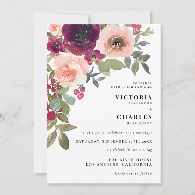 Rustikale Rosa- und Lila Blumenhochzeit Einladung (Vorderseite)