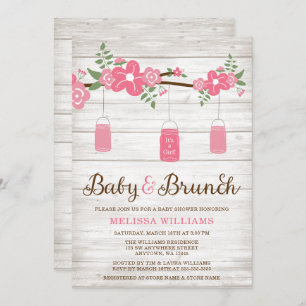 Rustikale rosa Weckglas-Mädchen-Brunch-Babyparty Einladung
