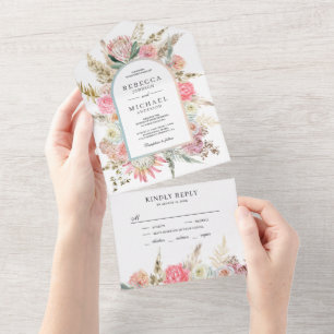 Rustikale rosafarbene Blumen Boho Pampasgras Hochz All In One Einladung