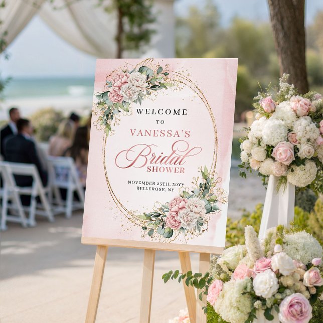 Rustikale rosafarbene Blumen Eukalyptus Gold Willk Poster (Rustic Blush Pink Flowers Eucalyptus Gold Welcome)