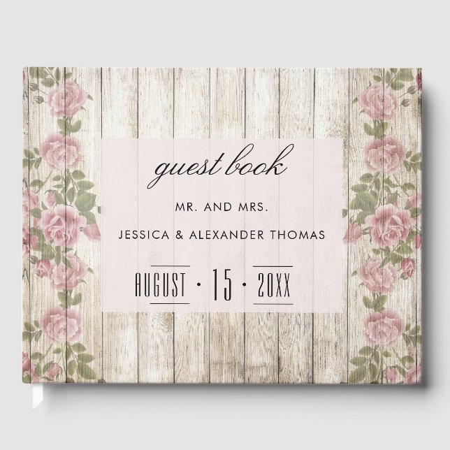 Rustikale Rose auf Holzhochzeiten Gästebuch (Vorderseite)