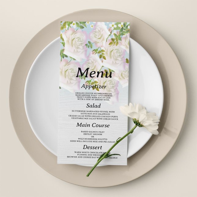 Rustikale Rose aus weißem Holz mit rosa Minze Programm (Rustic white wood pink mint roses Wedding Menu )