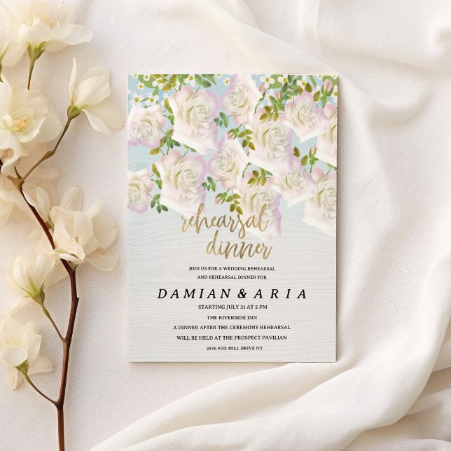 Rustikale Rose aus weißem Holz Rosa Minze Probe Ab Einladung (Rustic white wood pink mint roses Rehearsal Dinner)