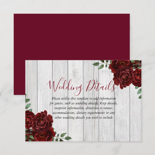 Rustikale Rose Burgund Romantische Hochzeitsempfeh Einladung (Vorne/Hinten)