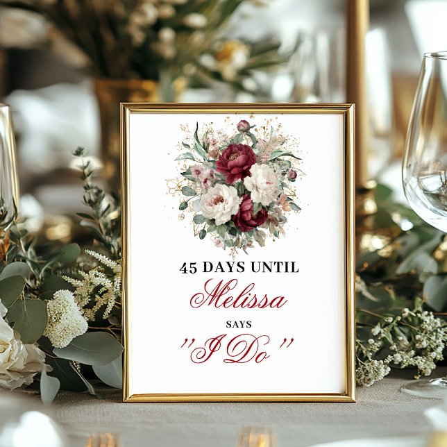 Rustikale Rosé-Burgunder-Hochzeits-Countdown-Tafel Poster (Rustic Blush Burgundy Countdown Sign Bridal Shower)