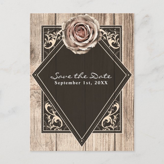 Rustikale Rose Elegant Wood Diamond Save the Date Ankündigungspostkarte (Vorderseite)
