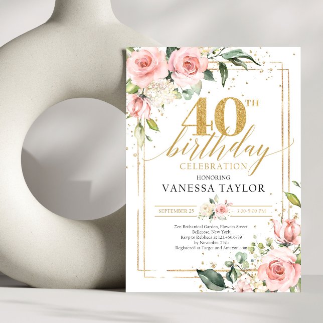 Rustikale Rose Eukalyptus Gold 40. Geburtstag Einladung (Modern Boho blush pink floral gold glitter sparkles 40th birthday invitation digital)