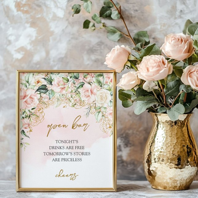 Rustikale Rose Eukalyptus Hochzeit Offene Bar Poster (Rustic blush roses eucalyptus wedding Open bar Poster)
