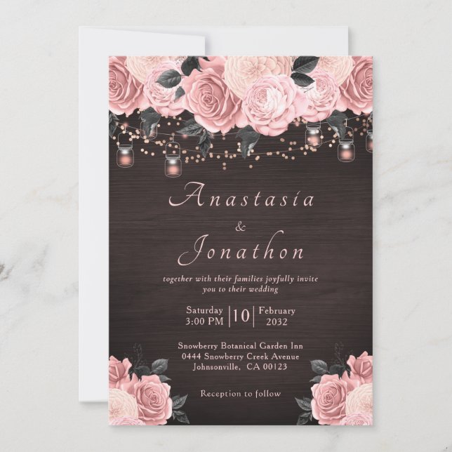 Rustikale Rose Gold Floral String Lights Hochzeit Einladung (Vorderseite)