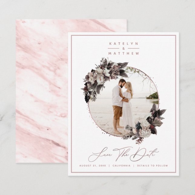 Rustikale Rose Gold Gerahmtes Foto & Kalligrafie Save The Date (Vorne/Hinten)