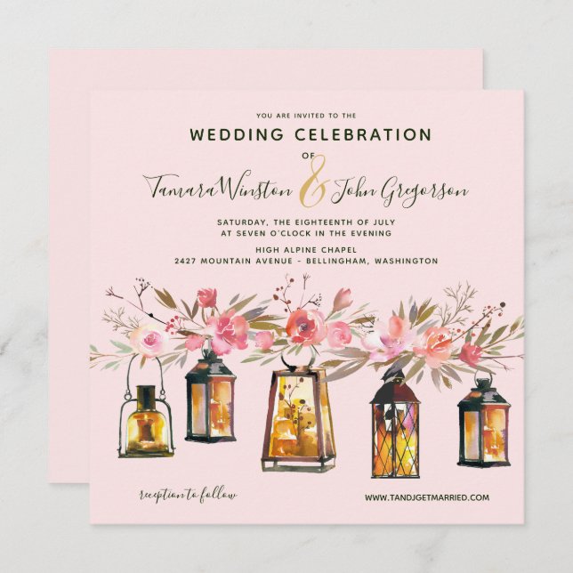 Rustikale Rose Gold Lanterns & Lights Blumenhochze Einladung (Vorne/Hinten)
