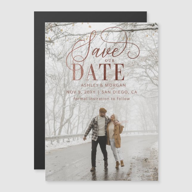 Rustikale Rose Gold Script Foto Save the Date Magneteinladung (Vorne/Hinten)