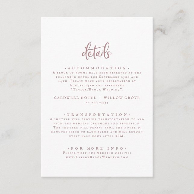 Rustikale Rose Gold Script Hochzeitsdetails Begleitkarte (Vorderseite)
