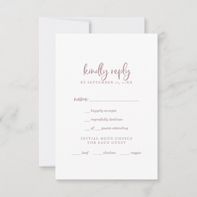 Rustikale Rose Gold Script Menü Auswahl RSVP Karte (Vorderseite)