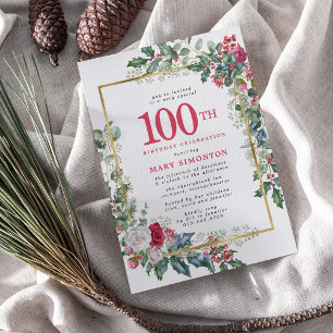 Rustikale Rose Holly Berries 100. Geburtstagsparty Einladung