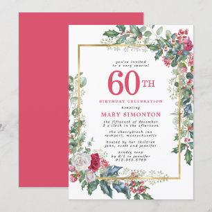 Rustikale Rose Holly Berries 60. Geburtstagsparty Einladung