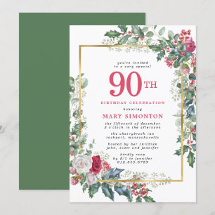 Rustikale Rose Holly Berries 90. Geburtstagsparty Einladung