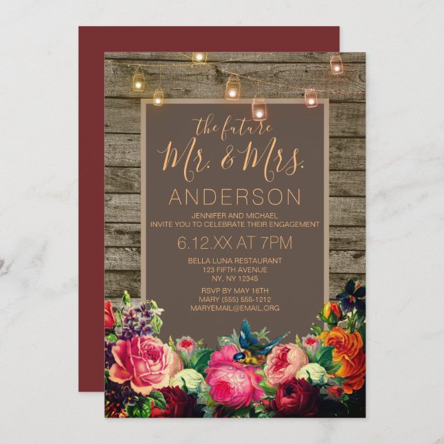 Rustikale Rose Mason Jar String Light Verlobung Einladung (Vorne/Hinten)