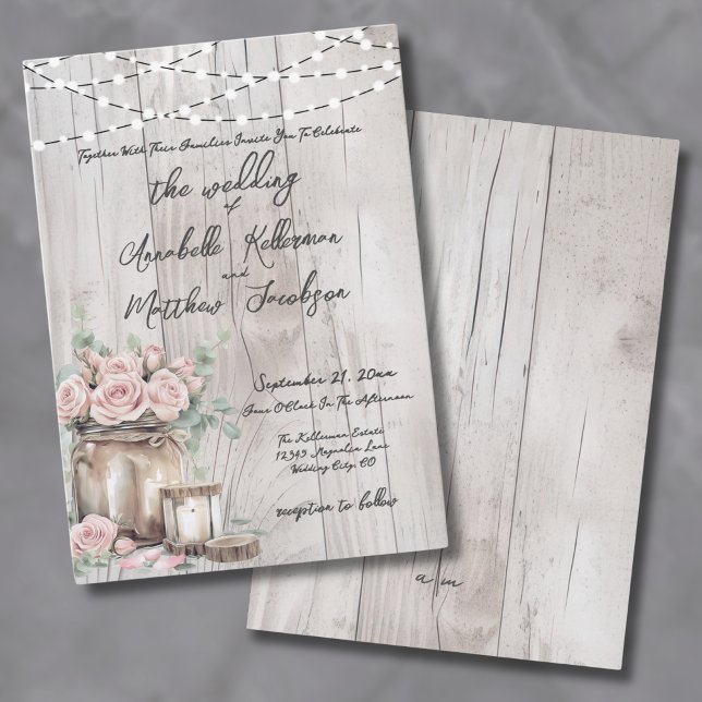 Rustikale Rose mit Holzsaiten Einladung (Rustic Wood String Light Roses Country Wedding Invitation)