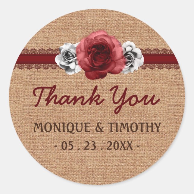 Rustikale Rose Red Lace Wedding Danke Sticker (Vorderseite)