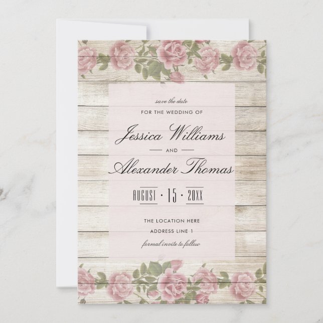Rustikale Rose Save the Date auf Holz (Vorderseite)