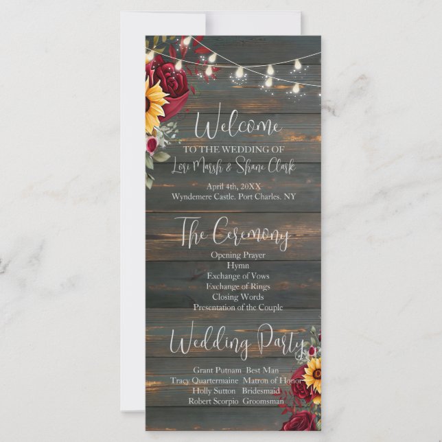 Rustikale Rose und Hochzeitsprogramm (Vorderseite)