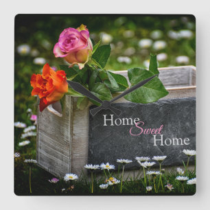 Rustikale Rose, Zuhause Sweet Zuhause Quadratische Wanduhr