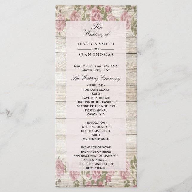 Rustikale Rose zum Hochzeitsprogramm für Holz Programm (Vorderseite)