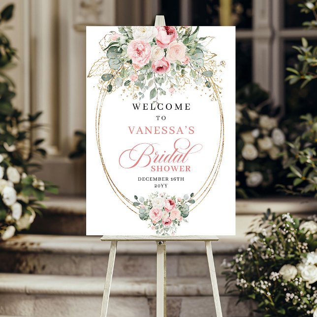 Rustikale Rosen-Hochzeitsdusche mit Eukalyptus und Poster (Rustic Blush Roses Eucalyptus Gold Bridal Shower Welcome)