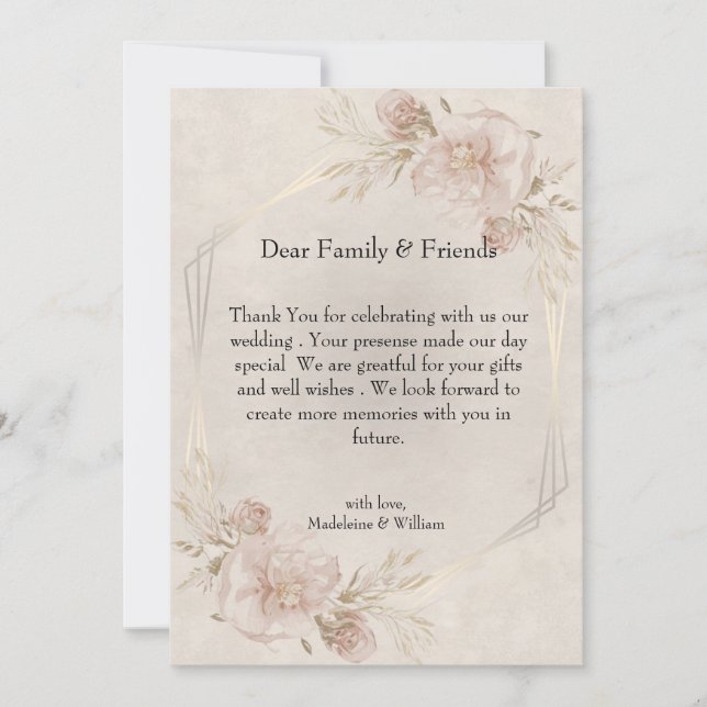 Rustikale Rosen und Wildblumen Hochzeit Dankeskarte (Vorderseite)