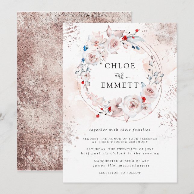 Rustikale Rosenblütenhochzeit und Goldene Hochzeit Einladung (Vorne/Hinten)