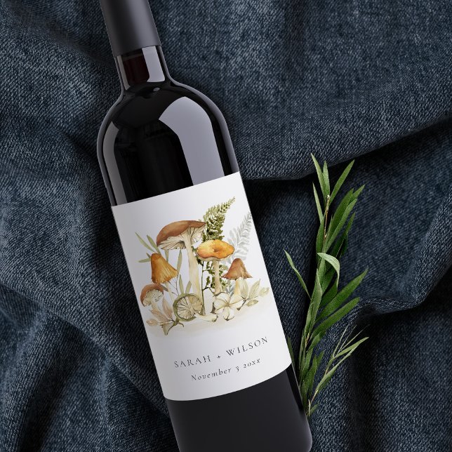 Rustikale Rost Orange Mushroom Fern Foliage Weddin Weinetikett (Von Creator hochgeladen)
