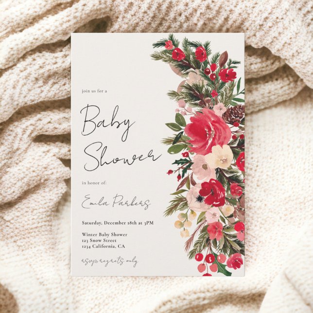 Rustikale Rot-Grün-Blütenwinterdusche Einladung (Rustic Red green Floral Winter baby shower Invitation)