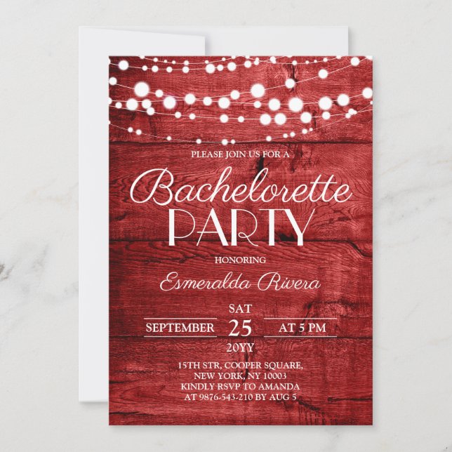 Rustikale Rot-Holzbachelorette-Party Einladung (Vorderseite)