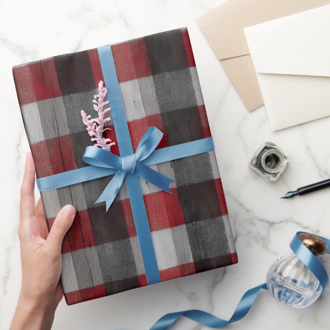 Rustikale Rot-Weiß-Karo-Scheunenholz-Karo-Muster Geschenkpapier (Schenken)