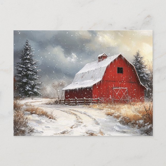 Rustikale Rote Barne Winter Landschaftliche Kunst Postkarte (Vorderseite)