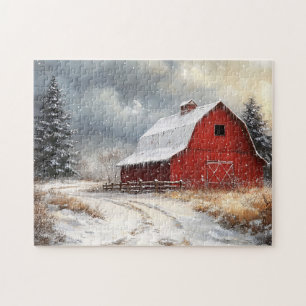 Rustikale Rote Barne Winter Landschaftliche Kunst Puzzle