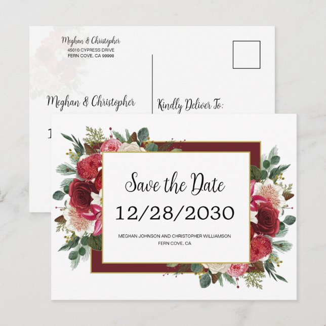 Rustikale Rote Blume Winterhochzeit Save the Date Ankündigungspostkarte (Vorne/Hinten)