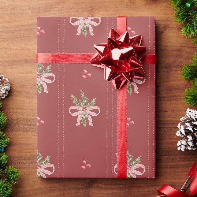Rustikale rote botanische Bögen Weihnachten Geschenkpapier (Rustic Red Botanical Bows Christmas Wrapping Paper | Vintage Holiday Elegance by Painted Paperie)